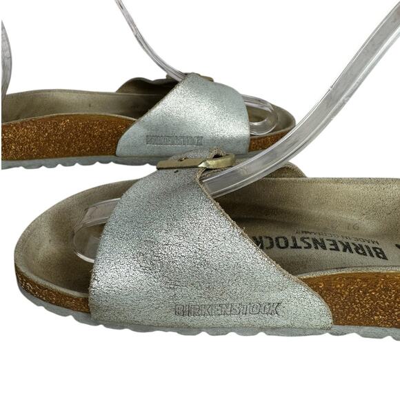 Birkenstock Madrid Metallic Silver Leather Big Buckle Sandals Slip On Size 8 - Picture 5 of 10